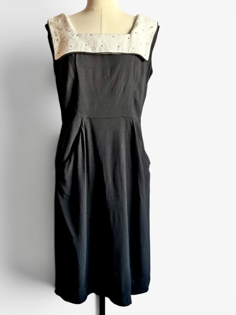 Vintage 1950s Black Sleeveless Sheath Dress with White Rhinestone Collar